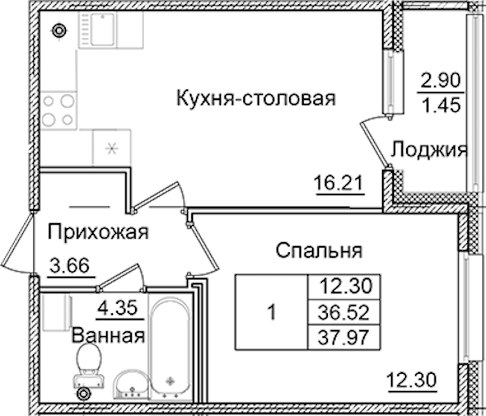 1-комнатная квартира 37.97 м², 2/9 эт., ЖК «Квартал Заречье»